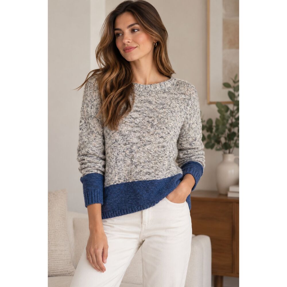 Vince Colorblock Marled Knit Sweater Blue Cream Cotton Linen Blend Size XS